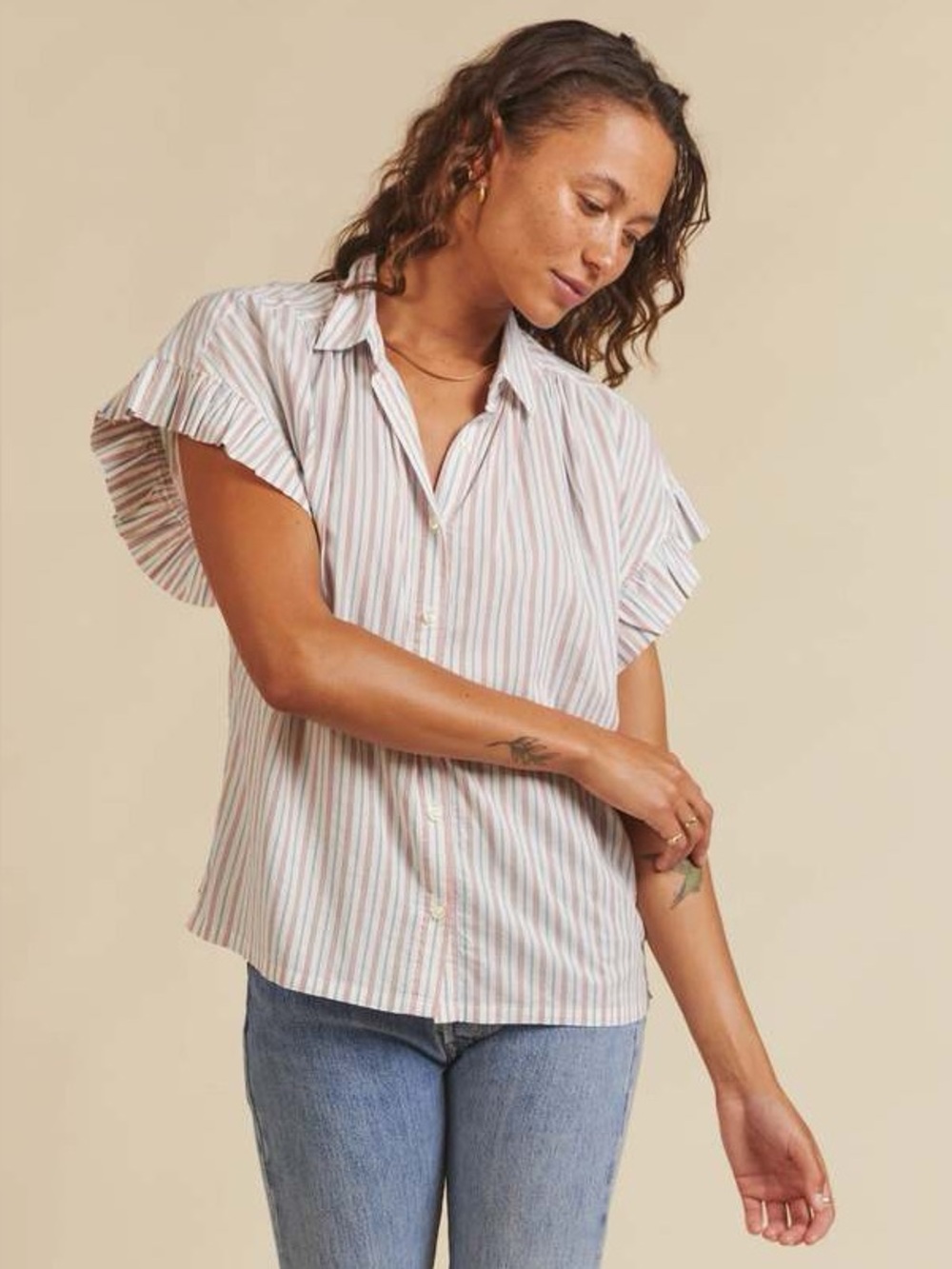 TROVATA NEW Marianne "B" Ruffle Sleeve Shirt Dock Stripe White Blue Orange Sz XS
